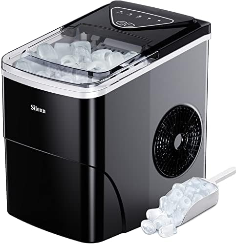 Silonn Ice Makers Countertop, 9 Cubes Ready in 6 Mins, 12KG in 24Hrs, Self-Cleaning Ice Machine with Ice Scoop and Basket, 2 Sizes of Bullet Ice for Home Kitchen Office Bar Party