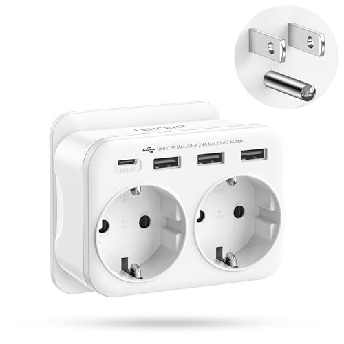 LENCENT Adaptador Enchufe USA/EE.UU, Adaptador Americano de Viaje con 3 Puertos USB y 1 Puerto USB-C, Europa Español 2-Pin a 3-Pin EEUU para México, Canada, Tailandia, Perú, Colombia, Tipo B Blanco