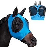 GIUSOBG Máscara de Mosca Azul para Caballos con Orejas, Protección Protectora con Espacio Grande para Los Ojos, Elástica, Máscara de Mosca para Caballo, Malla Transpirable para Protección UV y Moscas
