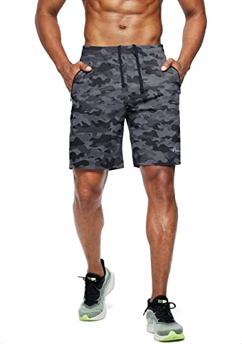 Pudolla Short masculino para treino, corrida, leve, academia, atlético, com bolsos com zíper, Camufl