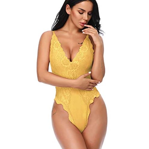 EVELIFE Body Mujer Erótica Ropa Interior Lingerie Sexy Lenceria Encaje Floral Cuello V Una Pieza Lencería Transparente(Amarillo M)