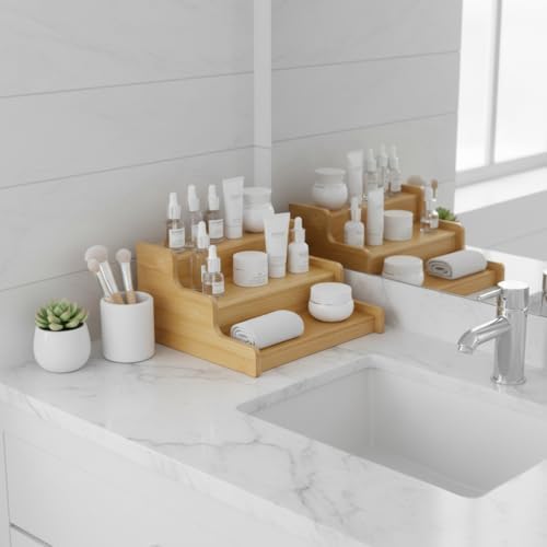 Deconox 3 Katlı Doğal Bambu Baharatlık Rafı | Çok Amaçlı Mutfak ve Banyo Düzenleyici | Merdiven Tipi Tezgah Üstü Organizer | 24x22x11 cm - Görsel 2