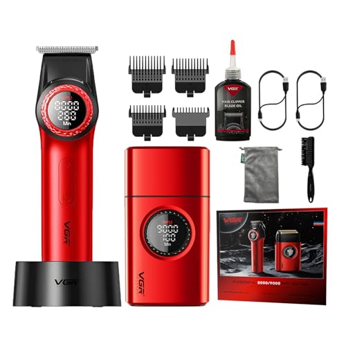 VGR V-977 & V-377 Professional Barber Series Trimmer & Shaver Combo | 9000 RPM Motor, 21-Speed Control, 300-Minute Runtime, DLC Coated Blades, LED Display, Ideal for Salons and Personal Use (Red)