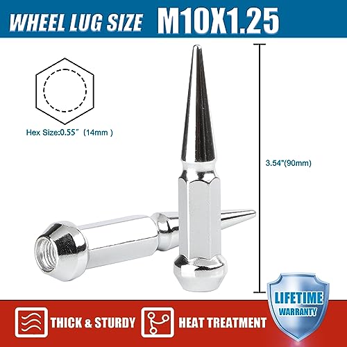 Image of JiiinMiiin M10x1.25 Long Steel Spike Lug Nuts, Thread Pitch 10x1.25, Set of 16 ATV Wheel Nuts with A Socket. [Chrome]