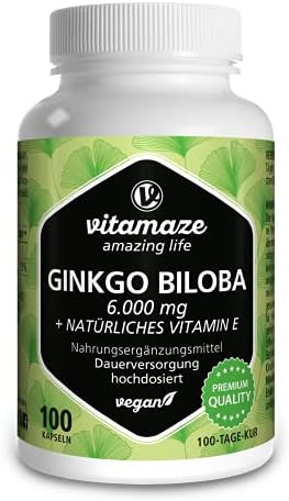 Vitamaze Ginkgo Biloba Kapseln hochdosiert 6000 mg vegan Gingko Biloba Extrakt 50:1, 100 Kapseln für 100 Tage Dauerversorgung, Nahrungsergänzung ohne Zusätze, Made in Germany