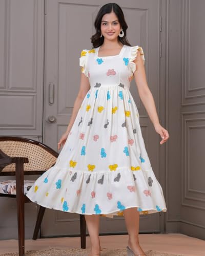 Image of ROYALICA Women's Pure Cotton Floral Printed Maxi Midi Western Dress