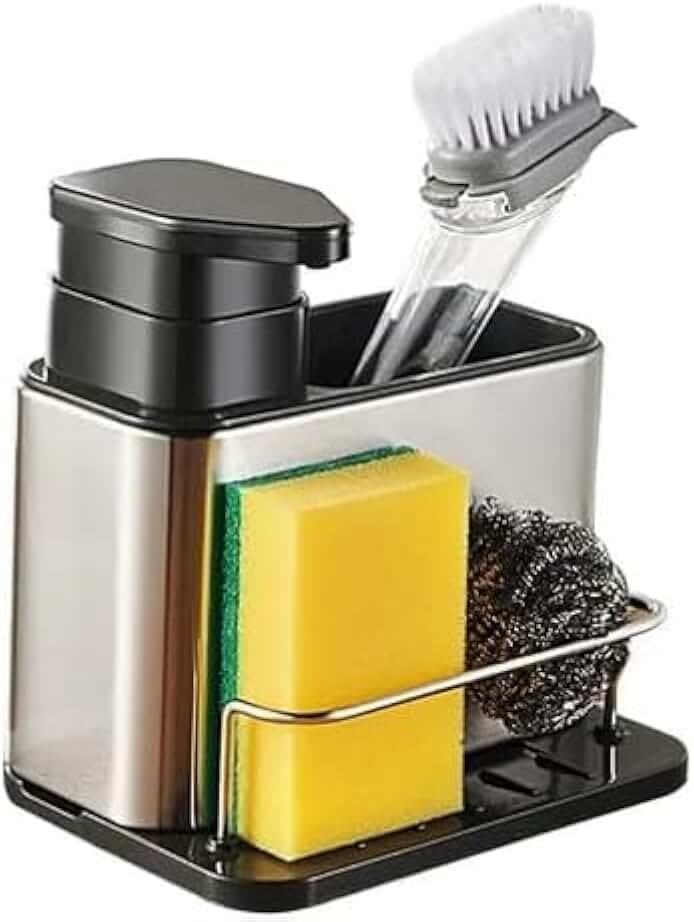Porta Detergente Aço Inox com Dispenser para Sabão Líquido e Suporte para Esponja Escorredor Talheres Organizador de Pia de Cozinha Premium Lindo e Prático
