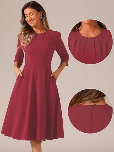 Image of Allegra K Elegant Work Dress for Women's 3 /4 Sleeve Round Neck Pockets Vintage A-Line Swing Midi Dress