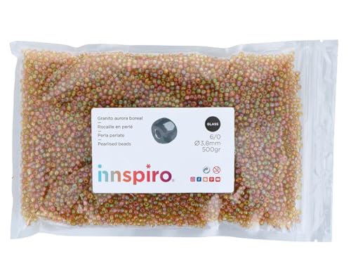 INNSPIRO Rocalla de vidrio redonda aurora boreale oro viejo 3,8mm. 500gr. Bolsa. Para crear pulseras y collares, ideal para manualidades y joyas con niños. Cuentas semilla.