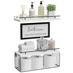 WOPITUES Floating Shelves for Bathroom Wall Decor Sign, Bathroom Organizer and Storage, Bathroom Shelves Over Toilet with Metal Guardrail-Modern White WOPITUES Floating Shelves for Bathroom Wall Decor Sign Bathroom Organizer and Storage Bathroom Shelves Over Toilet with Metal Guardrail Modern White
