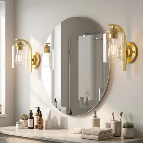 Image of 2-Pack Wall Sconces Lights Lamp for Bedroom Bathroom, Modern Vanity Light Fixtures, Gold Farmhouse Wall Mount Lighting Lanterns with Clear Glass Shade for Living Room Mirror Hallway Kitchen