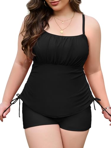 Plus Size Tankini Swimsuits with Adjustable Strings Tummy Control Two Piece Bathing Suits for Women with Board Short Swimwear