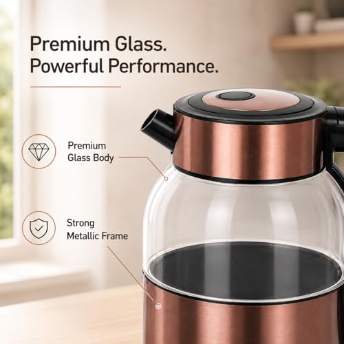 Image of Pringle Vogue 1.8L Electric Glass Kettle 1350W | Double Fada Controller | Double Layer Cool Touch Design | Auto Shut-Off & Boil Dry Protection | Fast Boiling | 1 Yr Warranty | Copper