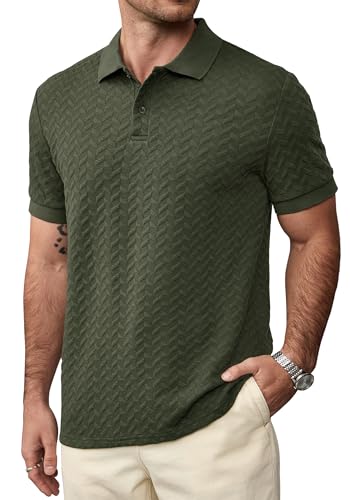 VOGSTART Mens Textured Knit Polo Casual Business Collared Shirts Olive M