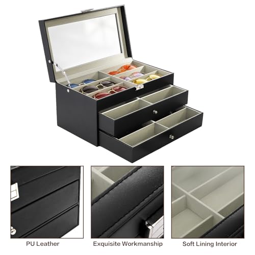 Nicunom 18 Slots Sunglasses Organizer Collector Eyeglasses Sunglass Glasses Storage Box Eyeglasses Eyewear Display Case with Drawer, Lockable, Black by Nicunom - Image 4