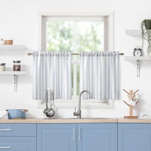 ZJDECOR Farmhouse Cotton Blended Tiers Cafe Curtains 24 Inches Long,Blue Vertical Stripe on White Rustic Light Filtering Small Window Curtain for Bathroom RV,Rod Pocket,27"Wx24L(Pack of 2),Blue/White