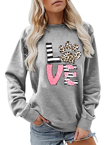 Anbech Women Leopard Dog Paw Graphic Floral Plaid Dog Lovers Long Sleeve Sweatshirt