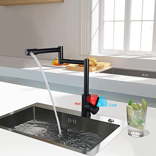 Heyalan Matte Black Pot Filler Faucet Deck Mounted Single Handle Double Joints Free Rotating Modern Pot Filler Deck Mounted Countertop Retractable Commercial Kitchen Sink Faucet Stainless Steel #TOP4