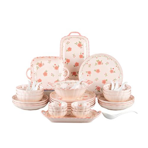 36-Piece Ceramic Dinnerware Set, Service for 6, Pink Peach Blossom Floral Plates and Bowls Sets, Microwave & Dishwasher Safe, Porcelain Dinnerware Set for Kitchen & Dining