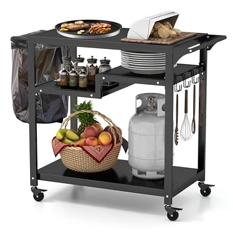 KOMFOTTEU Metalowy wózek do serwowania, wózek ogrodowy ze stołem roboczym, 4 półki i uchwyt, stół do grillowania, grill na kółkach, w zestawie 6 haczyków i uchwytów na worki na śmieci, wózek kuchenny