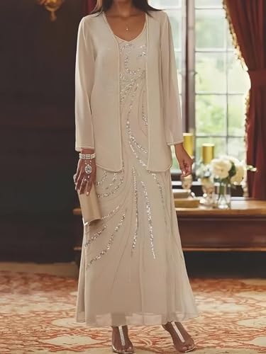 TORYEMY 2 Pieces Mother of The Bride Dresses with Jacket Sequin Chiffon Long Sleeve Formal Evening Dresses for Women3