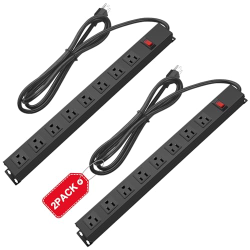 Paquete de 2 regletas de metal montables de 8 tomacorrientes, regletas de alimentación de montaje en pared, resistentes y espaciadas amplias, con interruptor, cable de alimentación SJT de 14 AWG.
