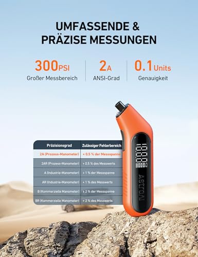 AstroAI Reifendruckprüfer Digitaler luftdruckprüfer 300 PSI Große Display mit Taschenlampe,ANSI 2A Hochpräzision, Schraderventilen kompatibel, 4 Einheiten, Presta-Ventiladapter inklusive, AAA-Batterie