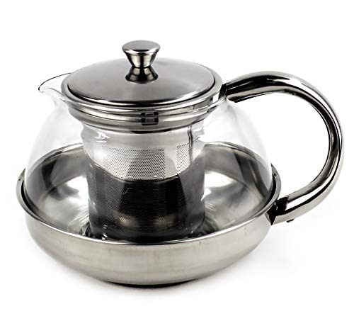 furein Tetera Multiuso de Cristal Transparente y Acero Inoxidable para Té, Infusiones o Café con Filtro (1050ML)