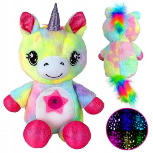 Licorne en peluche avec projecteur d'étoiles LED et mélodies - Masque de sommeil lumineux pour enfants, veilleuse avec berceuses, peluche apaisante 3 en 1,...