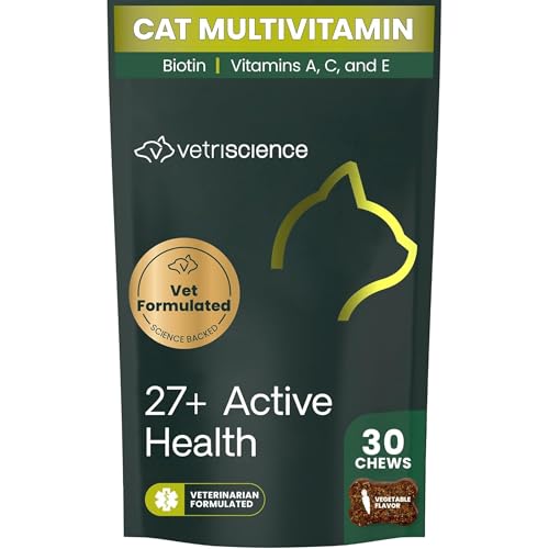VetriScience 27+ Active Health Chews, Nu Cat Daily Multivitamin for Cats and Kittens, Balanced Vitamins, Minerals and Antioxidants, Health and Wellness Support, Fish, 30 Count