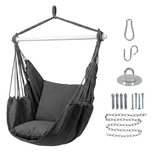 Image of Hammock Chair Hanging Swing Chair with 2 Cushions, Indoor Outdoor Hanging Chair for Garden Bedroom Balcony Patio, Cotton Canvas Hammock Seat with Hanging Kit & Metal Bar, 150kg Capacity