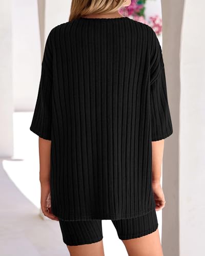 Image of KIRUNDO Short Sets For Women Summer 2 Piece Matching Lounge Sets Casual Rib Knit Tshirts Biker Shorts Beach Vacation Outfits