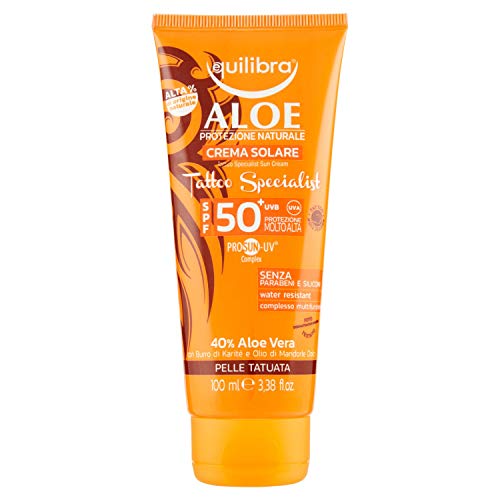 Equilibra Solari, Aloe Crema Solar Tattoo Specialist SPF 50+, crema solar tatuajes a base de aloe vera y vitamina E, para un bronceado saludable y natural de la piel tatuada, resistente al agua, 100