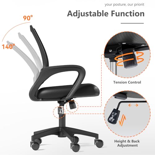 OS MOTOR Home Office Chair, Ergonomic Mid-Back Mesh Desk Chair with Lumbar Support, Adjustable Swivel Rolling Design, Comfy Armrest for Work, Study, Gaming, Vanity, Black - Thumbnail 4
