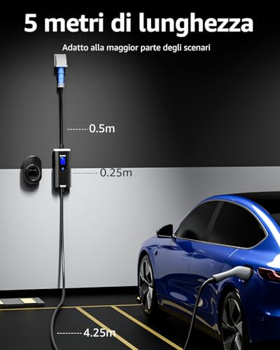 Bokman Wallbox 7,4 Kw Tipo 2 Cee [5 Metri | 6-32A | IP65 Impermeabile] Colonnina Ricarica Auto Elettrica Con Spina Cee, Compatibile Con Model Y/3, Q4, E-208, 500E, E Altri Ev/Phev - 2