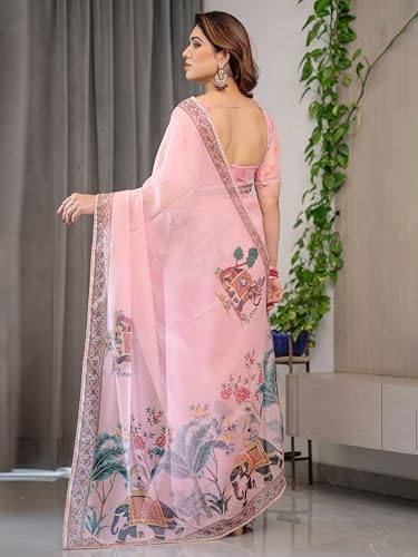 Image of ALMAARI FASHIONWomen's Floral Printed Organza Saree with Unstitched Blouse Piece | Traditional Ethnic Wear Sarees | Soft Lightweight Ethnic Office Wear Daily Wear Indian Sari (ORGANZA 121-130 H)