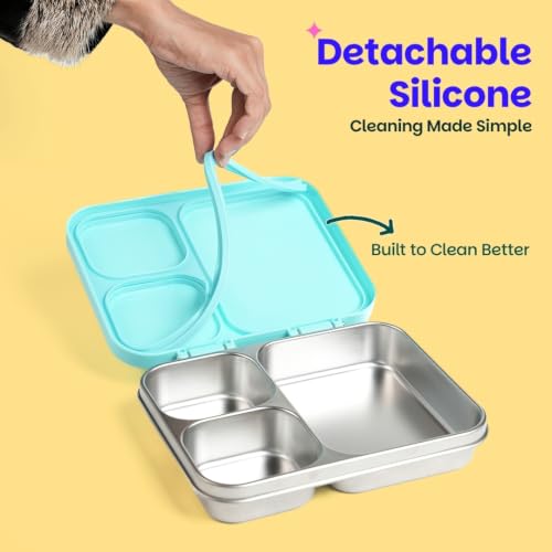 Image of Basil Bento Ace 3C Stainless Steel Lunch Box for Kids | 3 Compartment Leakproof Tiffin Box for Teens & Adults | BPA-Free, Easy-to-Open School Lunch Box | Wiggly Woof