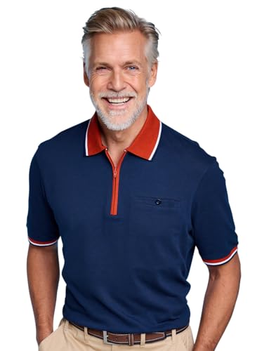 Pegasus Men's Classic 2 Pack of Cotton Zip Neck Pique Polo Shirts Soft Knit Collar & Cuffs Navy L