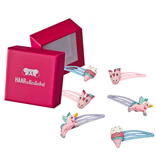 HAARallerliebst Hair Clips Set (6 Pieces, Unicorns + ice cream; box colour: pink, 6 count (Pack of 1)