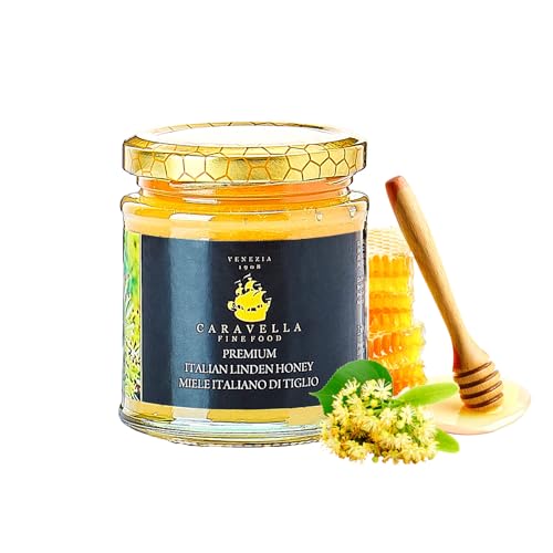Miel de Tilo 250g italiana Caravella Fine Food | Cremosa Ligera Floral y Herbal Pura Cruda sin pasteurizar| Antioxidantes y enzimas Calmante y relajante| Ideal para Desayuno Té Bienestar Piel Radiante