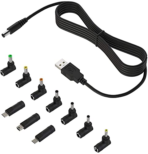 Universal 5V DC Power Cable, USB to DC 5.5x2.1mm Charging Cord Plug with 10 Connector Tips(5.5x2.5, 4.8x1.7, 4.0x1.7, 4.0x1.35, 3.5x1.35, 3.0x1.1, 2.5x0.7, Micro USB, Type-C, Mini USB)