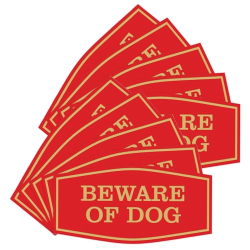 All Quality Fancy Beware of Dog Wall or Door Sign | Durable Material | Home Security Signs | Easy to Install (Red/Gold) - Medium 10 Pack
