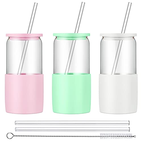Sunseeke Glass Tumbler with Straw and Lid, 16oz - 3 Pack