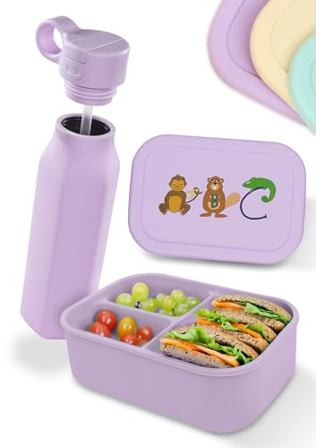 Deine Schulhelden Lunchbox Set - Silikon Kinder Brotdose mit ABC Motiven & Trinkflasche - Bruchfest & Auslaufsicher, BPA-frei, Spülmaschinenfest - 800ml Brotdose & 500ml Trinkflasche (Pastel Lila)