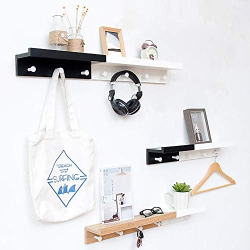Wall-Mounted Shelf and Hook Bamboo Coat Rack and Hook Rack Upper Floating Shelves for Storage for Hallway Bathroom Living Room Bedroom (White, 48.5 * 12 * 8cm)