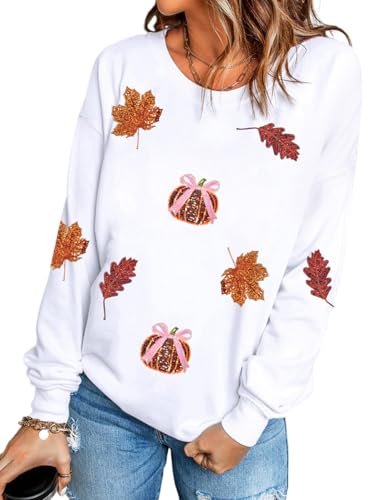 Ecosunny Women's Casual Holiday Mardi Gras Sweatshirt Sequin Print Round Neck Long Sleeve Loose Pullover Tops, Halloween Sequin White, Large