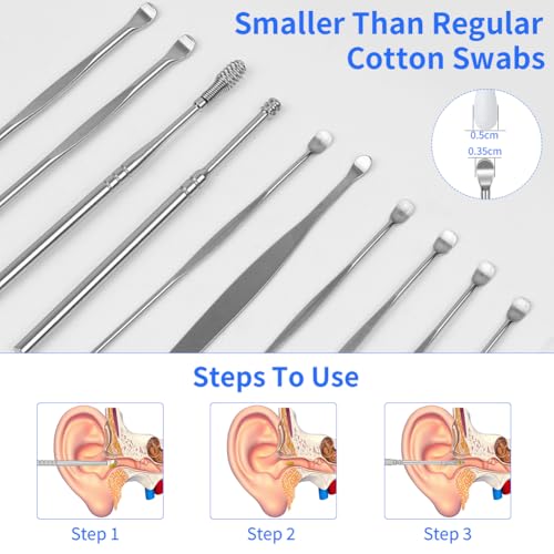 BUTBU Ohrenreiniger, 11 Stück Ohrenschmalz Entferner, Ear Cleaner Mit Vorratsbehälter, Edelstahl Tragbar Ohren Reinigung Set, Ohrreiniger für Erwachsene Jugendliche und Kinder, Ear Wax Removal(Silber)
