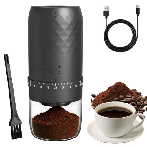 Gohytal Pequeño molinillo de café eléctrico portátil, mecanismo cónico con grados de molienda ajustables, amoladora de café con núcleo de cerámica, recargable, mini molinillo de café expreso, para
