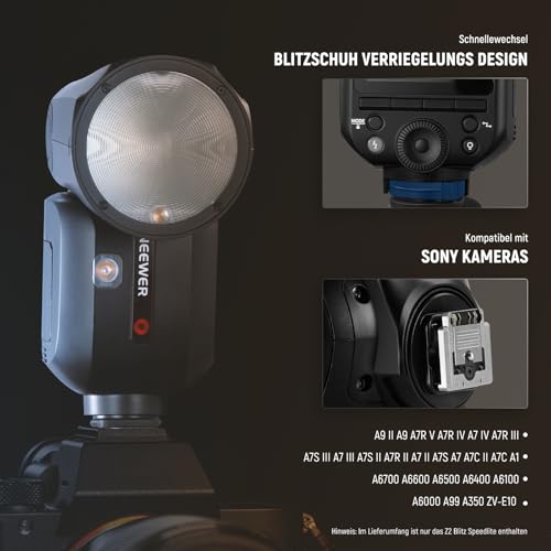 NEEWER Z2-S 2,4G TTL Flash Rundkopf Blitz Speedlite für Sony, 76W, Benutzeroberfläche, Modellierllampen, TTL/M Quick TCM Schalter, 1/8000s HSS, 2600mAh Akku, 480 volle Leistung Blitze, Reinigungstuch