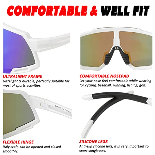 Itscool Polarized Sports Sunglasses With 3 Interchangeable Lenses For Men Women Lightweight Cycling Glasses Uv Protection White Blue #TOP3